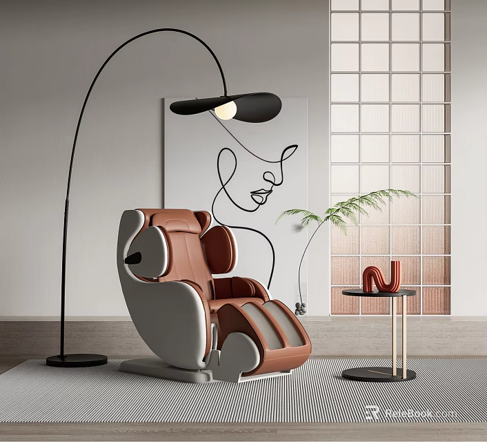Luxury Brown White Massage Chair In Modern Interior With Floor Lamp Side Table Green Plant 3d model 