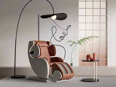 Luxury Brown White Massage Chair In Modern Interior With Floor Lamp Side Table Green Plant 3d model