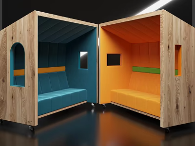 Wooden Play Cabins with Blue and Orange Padded Seats Windows and Rolling Wheels for Kids 3d model
