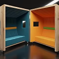 Wooden Play Cabins with Blue and Orange Padded Seats Windows and Rolling Wheels for Kids