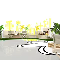 Exhibition Booths With White Canopies Green Yellow Decorations Plants And Circular Central Area