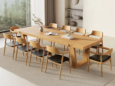 Modern Wooden Dining Table with Chairs Black Cushions Vase Magazines and Fruit Plate 3d model