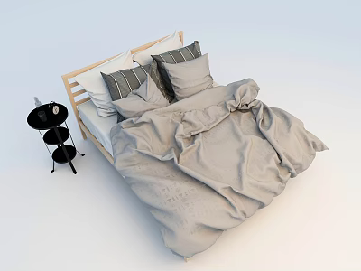 Cozy Double Bed With Wooden Frame Gray Comforter Striped Pillows And Black Nightstand 3d model