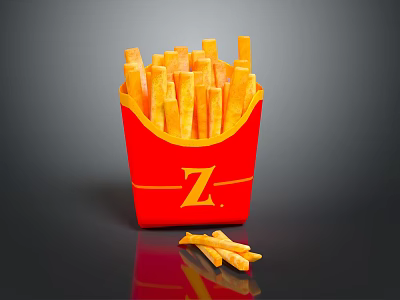 Crispy French Fries in Red Box with Yellow Z Logo and Loose Pieces on Black 3d model