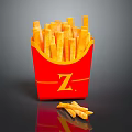 Crispy French Fries in Red Box with Yellow Z Logo and Loose Pieces on Black