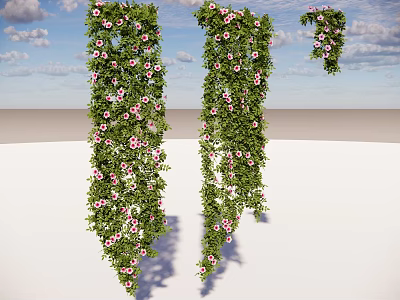 Hanging Green Plants With Pink Flowers Against Blue Sky Background 3d model