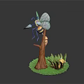 Cartoon Bee 3D Model Standing On Wooden Stump With Green Grass And Small Yellow Figure