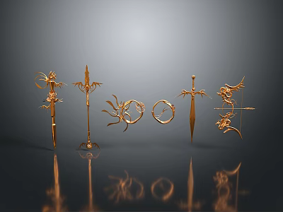 Golden Decorative Weapons Collection With Swords Spears Bows And Rings On Black Background With Reflections 3d model