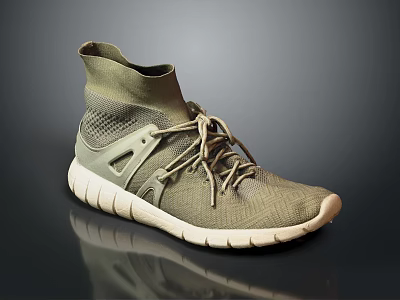 High Top Olive Green Knit Casual Shoes With White Sole And Lace Up Design 3d model