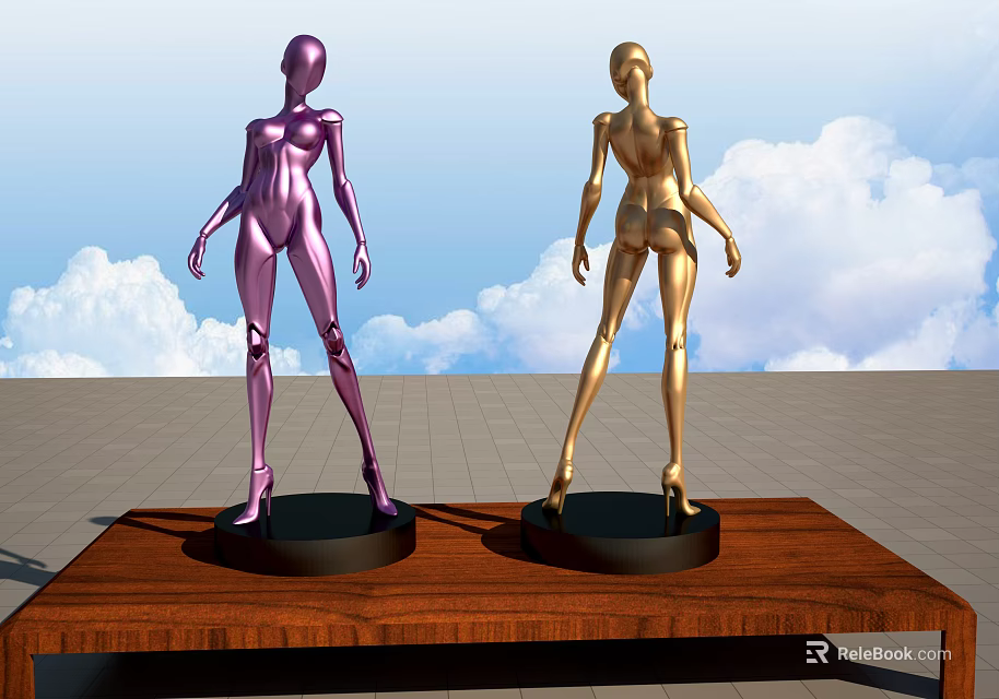 Purple And Golden Human Sculptures On Wooden Table With Blue Sky Clouds And Tile Floor 3d model 