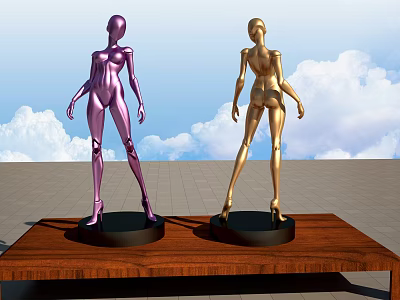 Purple And Golden Human Sculptures On Wooden Table With Blue Sky Clouds And Tile Floor 3d model