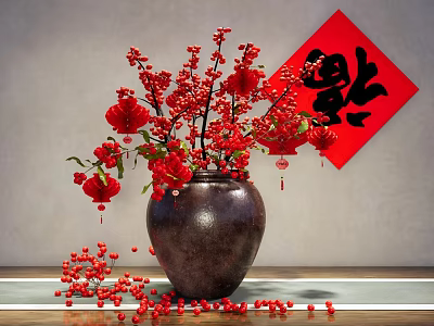 Traditional Chinese Ceramic Vase with Red Blossoms and Berries Near Fu Character Decoration 3d model