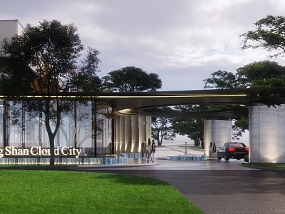 Shan Clo d City Modern Sales Office Building Entrance With Trees Lawn Lighting And Car 3d model