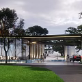 Shan Clo d City Modern Sales Office Building Entrance With Trees Lawn Lighting And Car