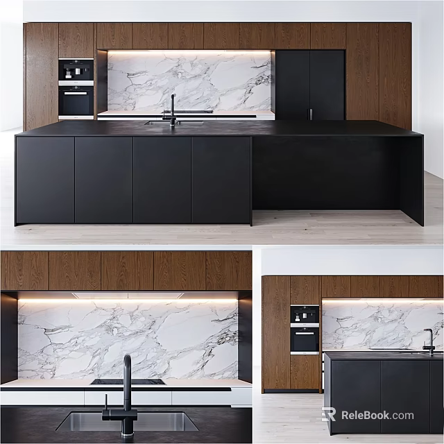 Modern Kitchen Interior With Black Cabinets Marble Countertop And Wooden Elements 3d model