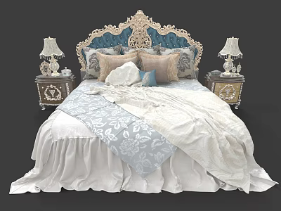 Ornate Blue And Gold Double Bed With Patterned Bedspread Pillows And Bedside Lamps 3d model