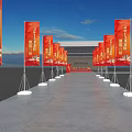 Grand Real Estate Launch Event With Red Banners And Modern Building In Plaza
