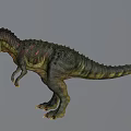 3D Rendered Dinosaur Model Standing Pose With Open Mouth Green Red Skin Against Gray Background