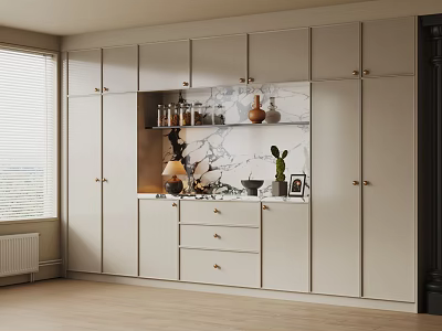 Modern Kitchen With White Cabinets Marble Backsplash Countertop And Decorative Vases Plants 3d model