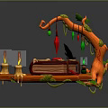 Whimsical Decorative Scene With Red Book Orange Wooden Plank Tree Branch Colorful Bulbs And Candles