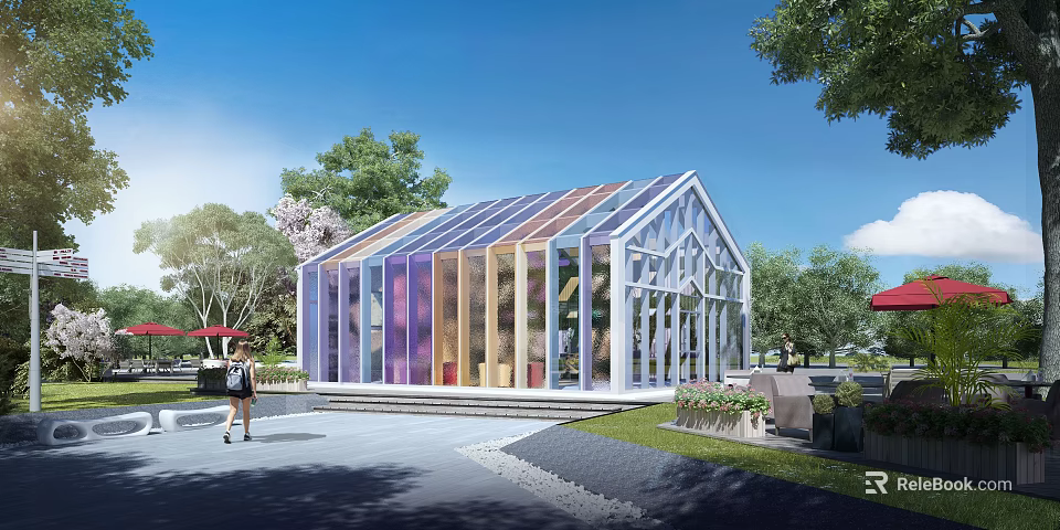 Modern Colorful Glass Sunroom In Beautiful Outdoor Garden Landscape With Lush Green Trees Around 3d model 