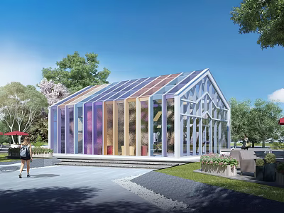 Modern Colorful Glass Sunroom In Beautiful Outdoor Garden Landscape With Lush Green Trees Around 3d model