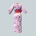 Pink Kimono With Purple Cherry Blossom Print And Red Bow Sash White Trimmed Cuffs