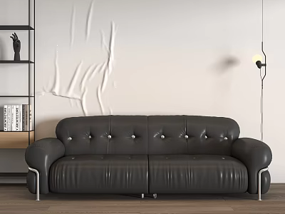 Modern Two Seater Sofa Interior With Black Leather Tufted Buttons And Bookshelf Floor Lamp 3d model