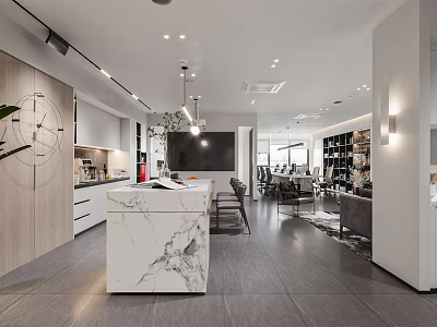Modern Office Open Space Interior With Marble Counter Wooden Elements Hanging Lights And Bookshelves 3d model