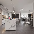 Modern Office Open Space Interior With Marble Counter Wooden Elements Hanging Lights And Bookshelves
