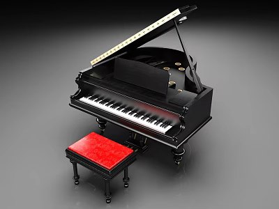 Black Grand Piano With Open Lid Red Cushioned Stool And Piano Keys 3d model