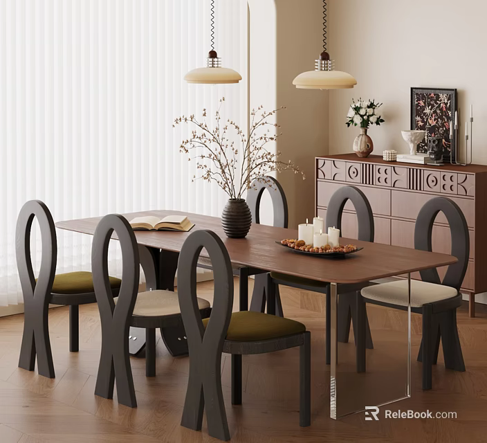 Modern Dining Table Set With Curved Back Chairs Pendant Lights And Sideboard Decorations 3d model 