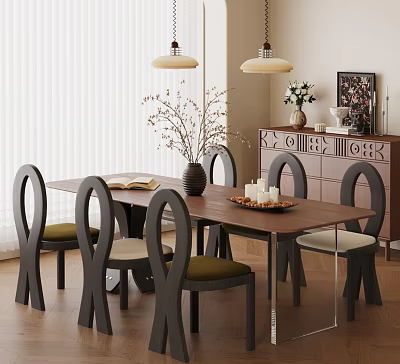 Modern Dining Table Set With Curved Back Chairs Pendant Lights And Sideboard Decorations 3d model