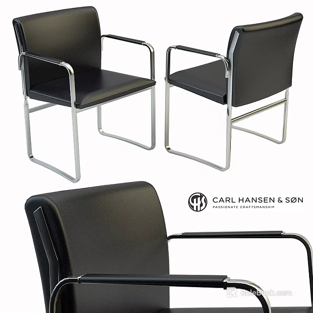 Carl Hansen & Søn Modern Single Chair Black Leather Upholstery Metal Frame Design 3d model 