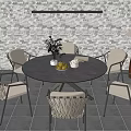 Outdoor Round Dining Table and Woven Chairs Set with Patio Brick Wall and Floor Lamp