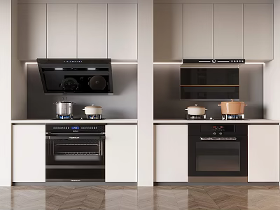 Modern Kitchen With White Cabinets Built in Black Stove Oven Range Hood Appliances 3d model