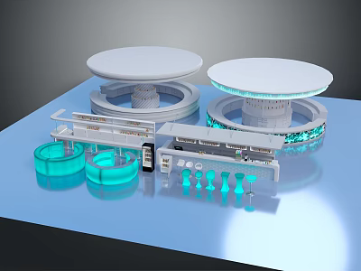 Laboratory Interior Workbench With Circular Platforms Petri Dishes And Blue Lighting Equipment 3d model