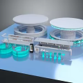 Laboratory Interior Workbench With Circular Platforms Petri Dishes And Blue Lighting Equipment