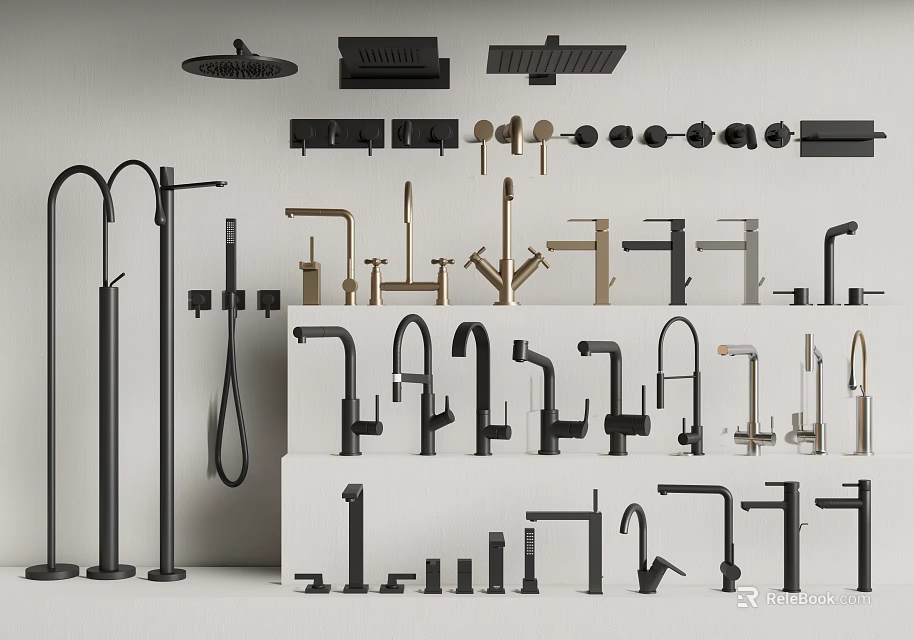 Modern Faucet Collection Featuring Kitchen Shower And Bathroom Styles In Black And Gold 3d model 