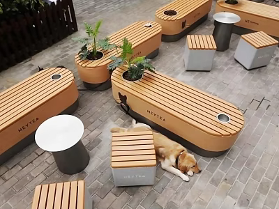 Outdoor Wooden Landscape Seating With Plant Pots Round Tables And Square Stools 3d model