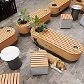 Outdoor Wooden Landscape Seating With Plant Pots Round Tables And Square Stools
