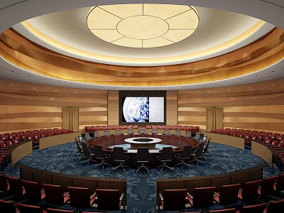 Elegant Conference Room Featuring Round Table Red Seats Wooden Walls Circular Ceiling And Projection Screen 3d model