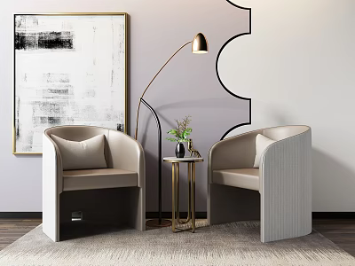 Stylish Leisure Sofa Set with Two Light Gray Chairs Small Table Green Plant Floor Lamp 3d model