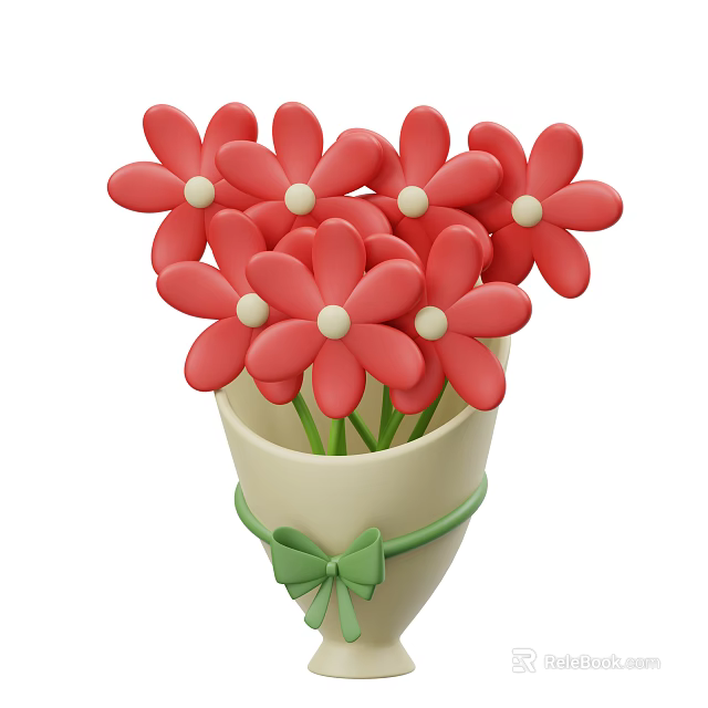 Decorative Ornament Set with Red Flowers White Centers Green Stems Beige Vase And Green Bow 3d model 