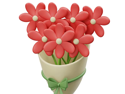 Decorative Ornament Set with Red Flowers White Centers Green Stems Beige Vase And Green Bow 3d model