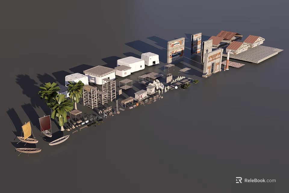 Commercial Street Scene With Multiple Buildings Red Roofs Palm Trees And Vehicles 3d model 