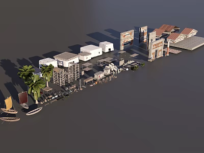 Commercial Street Scene With Multiple Buildings Red Roofs Palm Trees And Vehicles 3d model