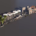 Commercial Street Scene With Multiple Buildings Red Roofs Palm Trees And Vehicles