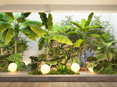 Tropical Plant Combination With Banana Trees Ferns And Glowing Spherical Lights Against Wall 3d model