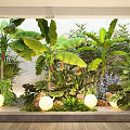 Tropical Plant Combination With Banana Trees Ferns And Glowing Spherical Lights Against Wall
